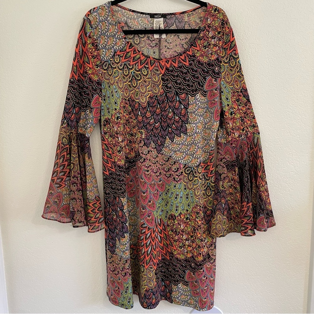 MSK 70’s Style Multicolor Peacock Bell Sleeve Above the Knee Dress Large